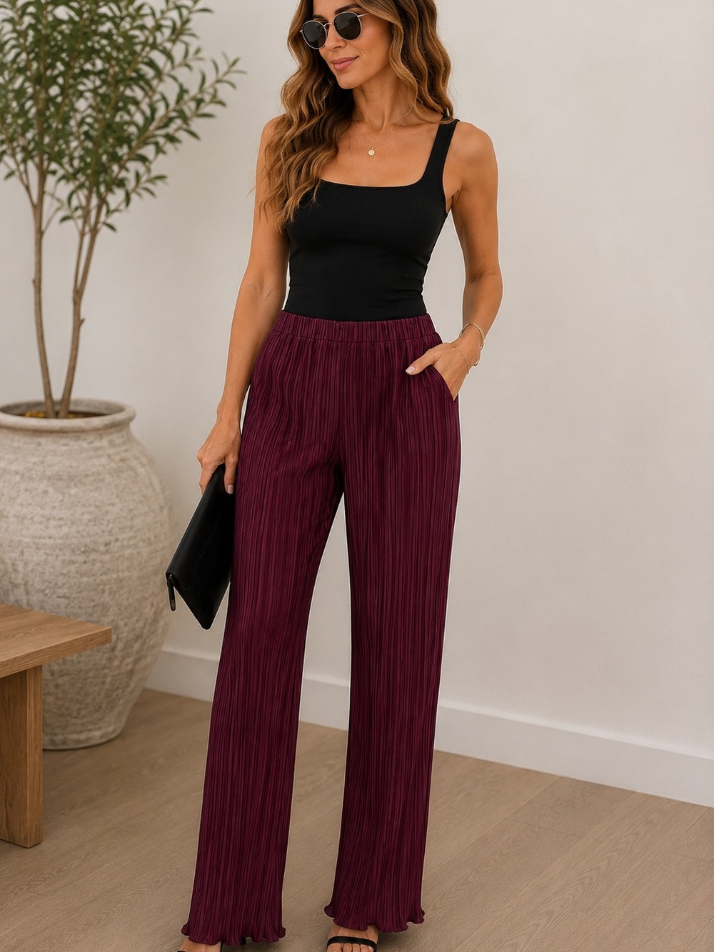 Ruti Burgundy Plissé Pull-On Ankle Pants | Elastic Waist | Made in Italy